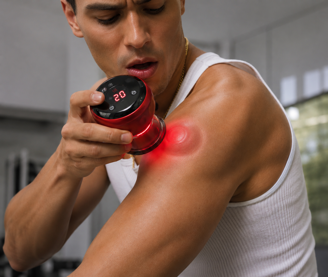 Smart Cupping Massager am Nacken einer Frau
